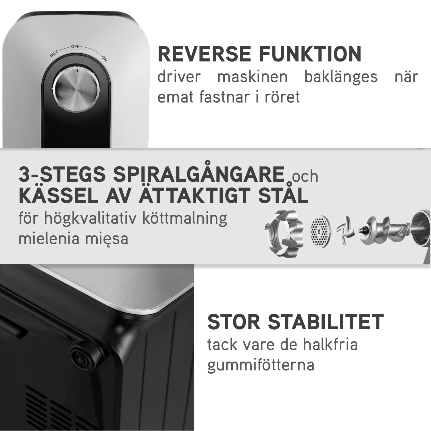 Twinzee - Elektrisk köttkvarn med korvfyllmedel 1500W, vit - För kött och korv - Matberedare, köttkvarn med 3 perforerade skivor och 3 korvfästen