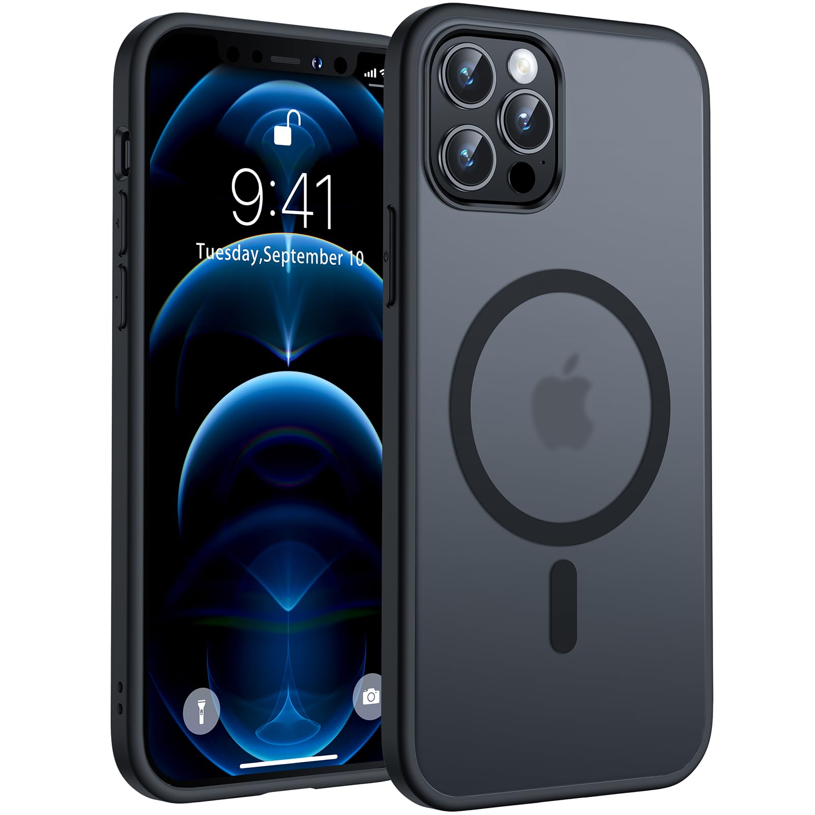 TOCOL Skal för iPhone 12 Pro, Kameraskydd, Integrerad Magnetring, Kompatibel med Magsafe, Fallskydd, Genomskinlig Matt Baksida, Svart Titan
