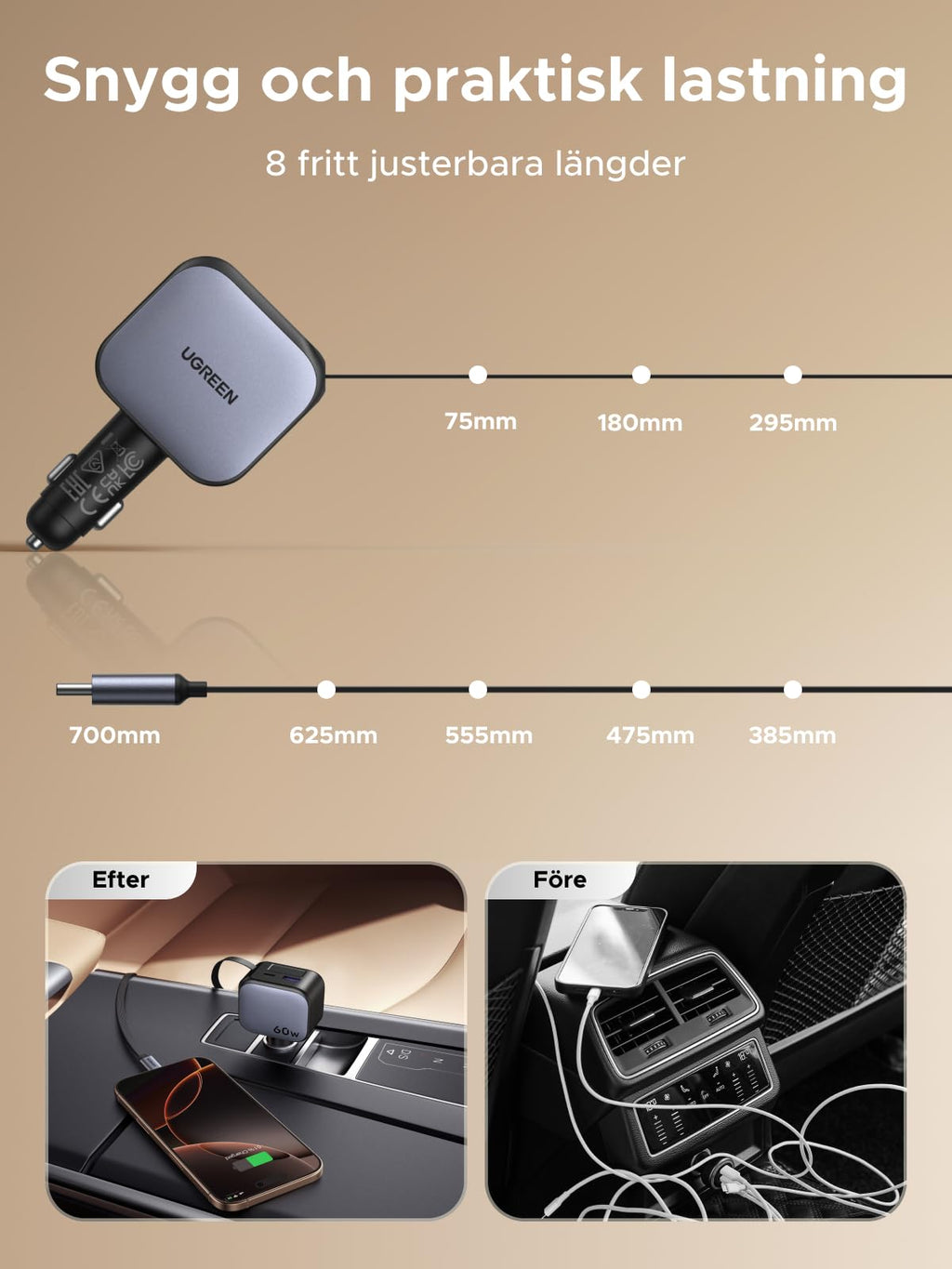 UGREEN 3-port cigarettändare 60W infällbar billaddare 30W integrerad USB C-kabel biltillbehör bil 12V adapter för iPhone 17/16/15, Galaxy S25/24, GPS etc.