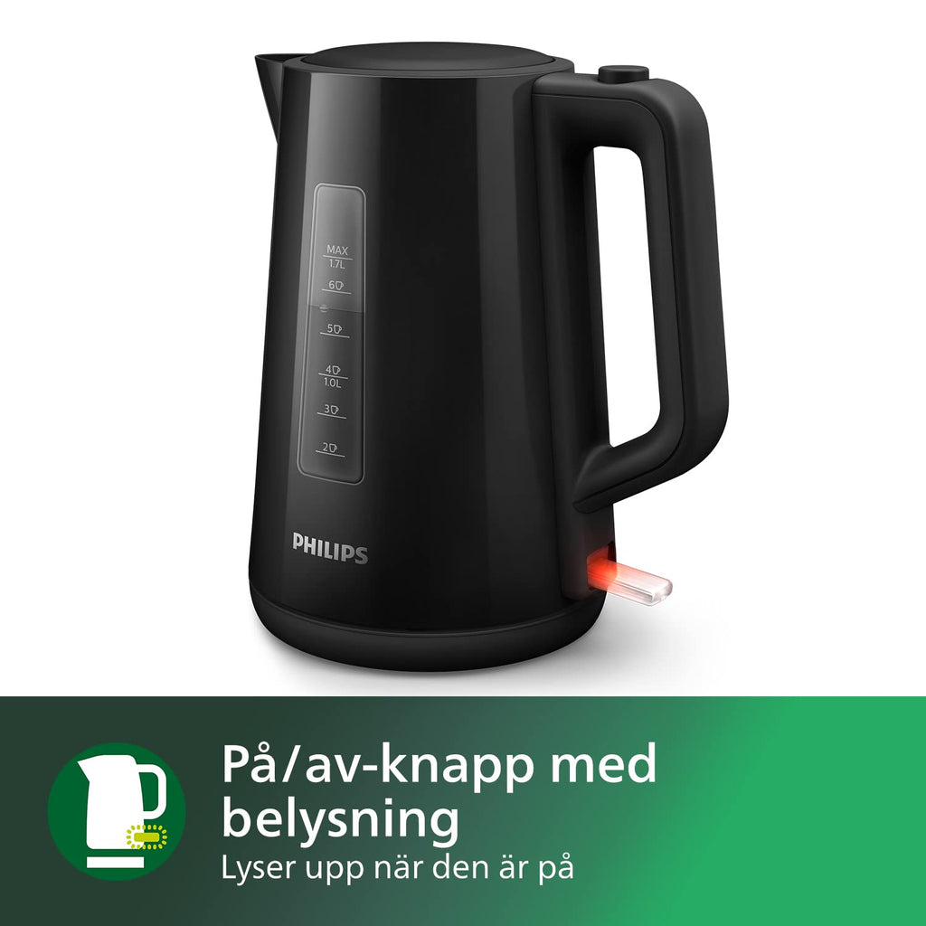 Philips Series 3000 Vattenkokare, 1.7L Kapacitet med Fjädrat Lock och Ljusindikator, Enkel Påfyllning, En Koppindikator, Vridbar Basplatta, Svart (HD9318/20)