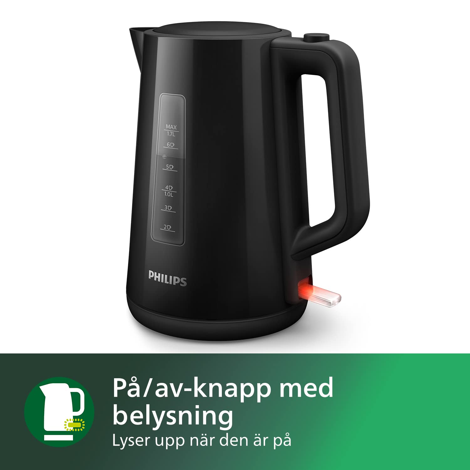 Philips Series 3000 Vattenkokare, 1.7L Kapacitet med Fjädrat Lock och Ljusindikator, Enkel Påfyllning, En Koppindikator, Vridbar Basplatta, Svart (HD9318/20)
