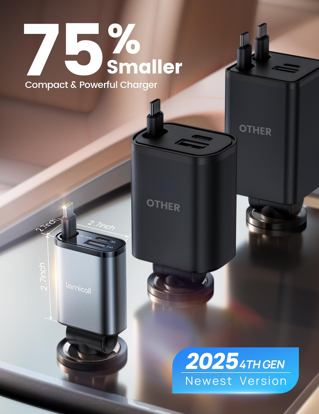 Lamicall Infällbar billaddaradapter – 【Ultrakompakt】50 W cigarettändare USB-laddare, 3-i-1 biltelefonladdning med infällbar kabel, Trip Essentials 12 V USB C-uttag för phone, Android, Galaxy