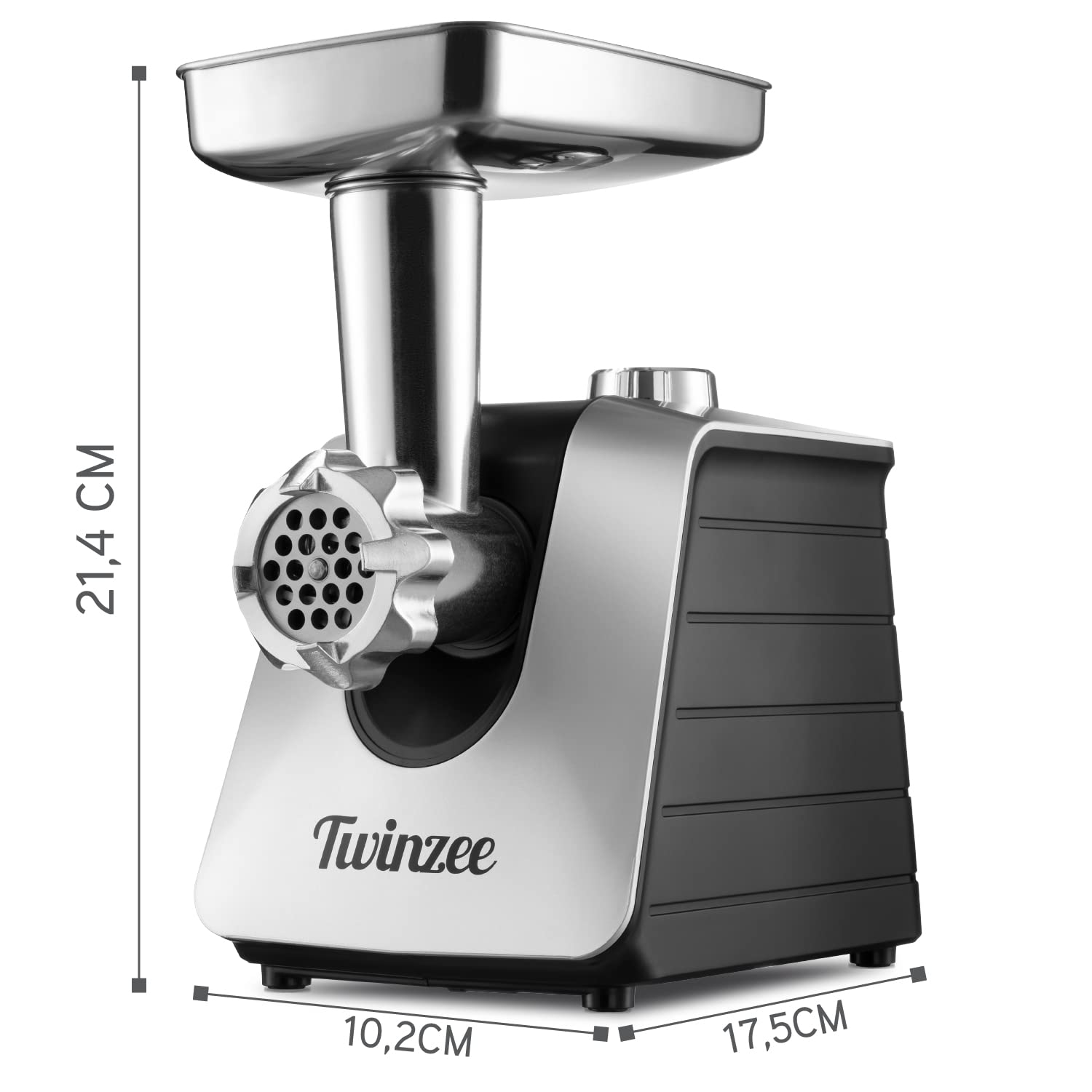 Twinzee - Elektrisk köttkvarn med korvfyllmedel 1500W, vit - För kött och korv - Matberedare, köttkvarn med 3 perforerade skivor och 3 korvfästen