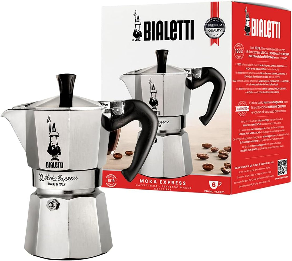 Bialetti – Moka Express: Klassisk Espressobryggare För Spishäll, Kokar Riktigt Italienskt Kaffe, Kaffebryggare Moka 6 Koppar (270 Ml), Aluminium, Silver