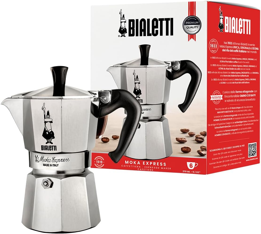 Bialetti – Moka Express: Klassisk Espressobryggare För Spishäll, Kokar Riktigt Italienskt Kaffe, Kaffebryggare Moka 6 Koppar (270 Ml), Aluminium, Silver