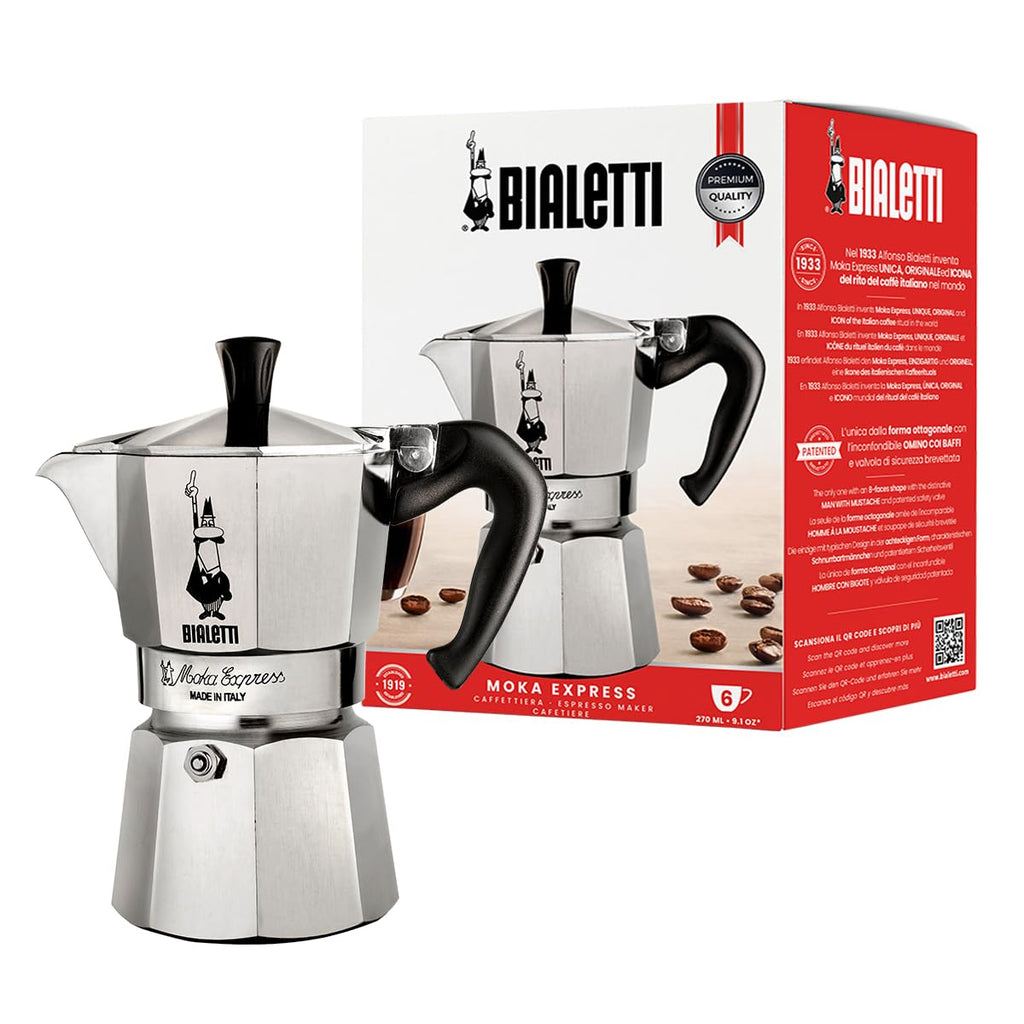 Bialetti – Moka Express: Klassisk Espressobryggare För Spishäll, Kokar Riktigt Italienskt Kaffe, Kaffebryggare Moka 6 Koppar (270 Ml), Aluminium, Silver
