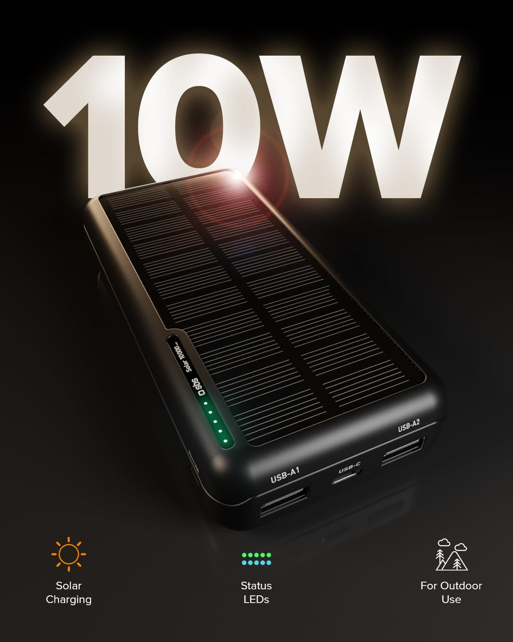 SBS Solar PowerBank, 10000mAh, Power Bank med Solpanel, Snabb Laddning, Intelligent Charge (IC), Status LED, USB-C, USB-A, Bärbar Reseladdare, Kompakt Design, Svart