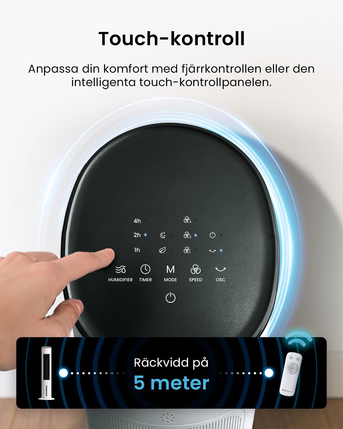 Pro Breeze 5 l mobil luftkylare med 3 fläktnivåer – tornfläkt med fjärrkontroll, automatisk växling, digital 7-timmars timer – luftkonditionering utan frånluftsslang för hem och kontor