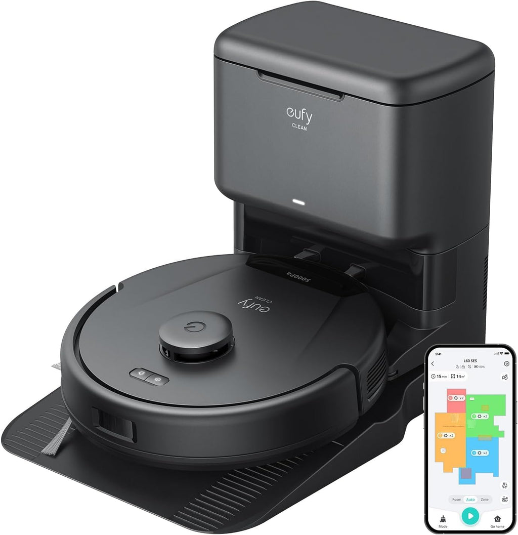 eufy L60 robotdammsugare med sugstation, ultrastark 5 000 Pa sugkraft, anti-hårtrassel, sugstation 60 dagar utan tömning, iPath-lasernavigering (renoverad)