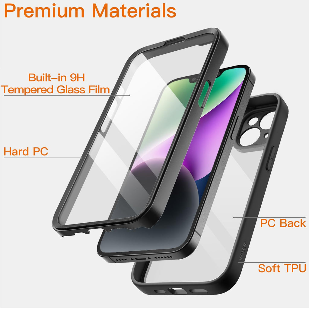 JETech Fodral för iPhone 14 6,1-Tum med Inbyggt Härdat Glas Skärmskydd, Kamera Fullständig Rundstrålande Skydd, Stötsäkert Bumper Mobilskal Genomskinlig Baksida, HD Film (Svart)