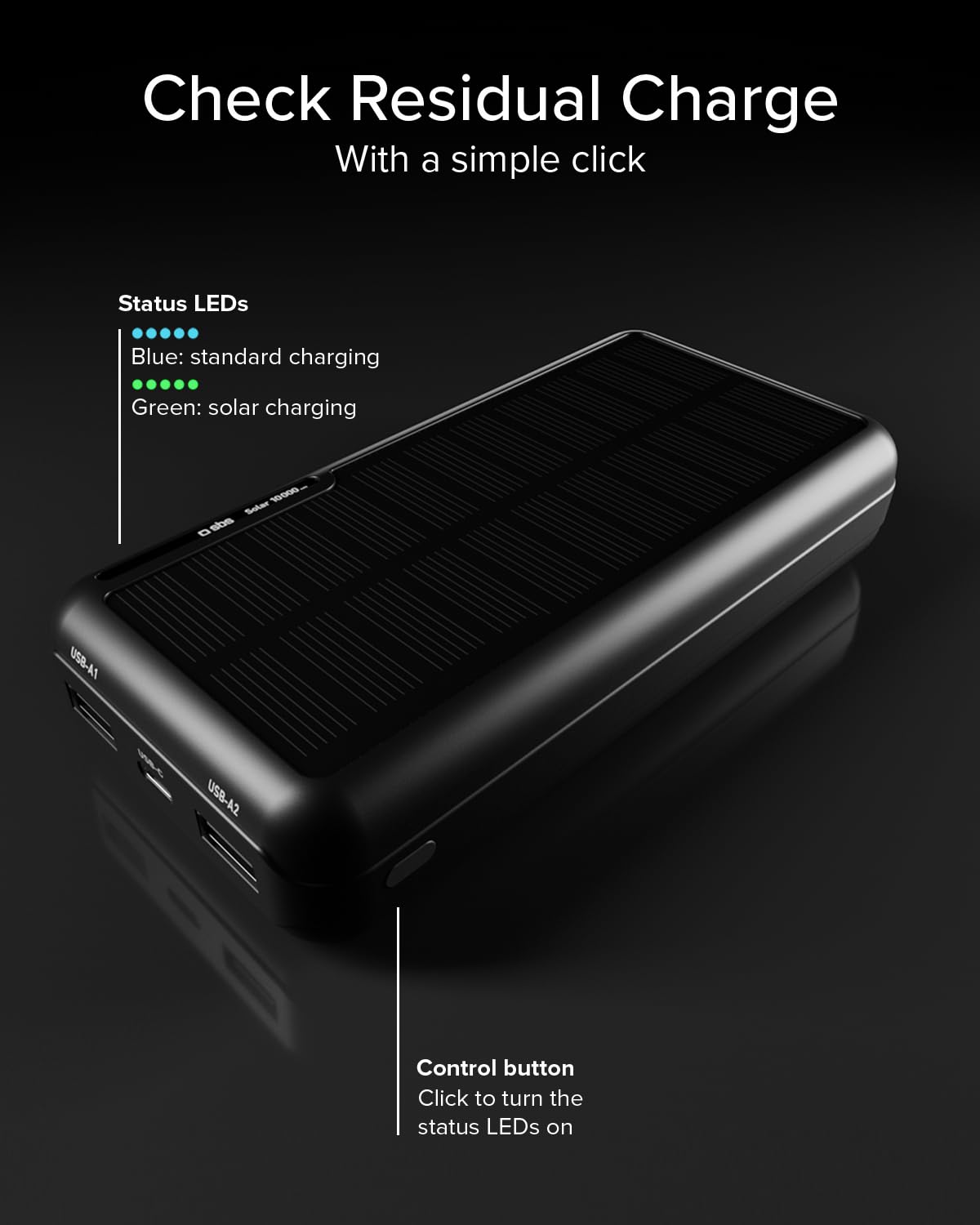 SBS Solar PowerBank, 10000mAh, Power Bank med Solpanel, Snabb Laddning, Intelligent Charge (IC), Status LED, USB-C, USB-A, Bärbar Reseladdare, Kompakt Design, Svart