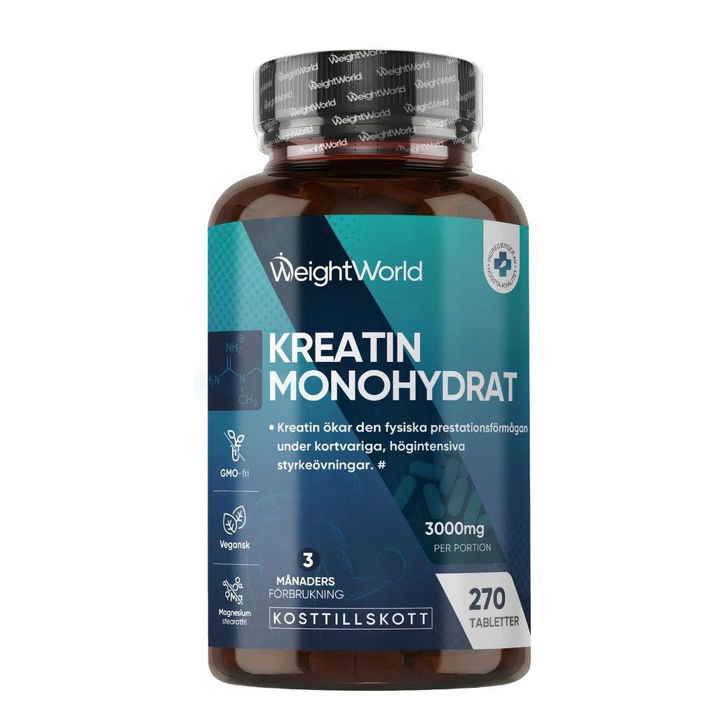 Kreatin Monohydra Tabletter - 3000 mg per portion - 270 veganska kreatintabletter - 3 månaders förbrukning - Alternativ till kapslar och pulver - Fri från gluten och magnesiumstearat - WeightWorld