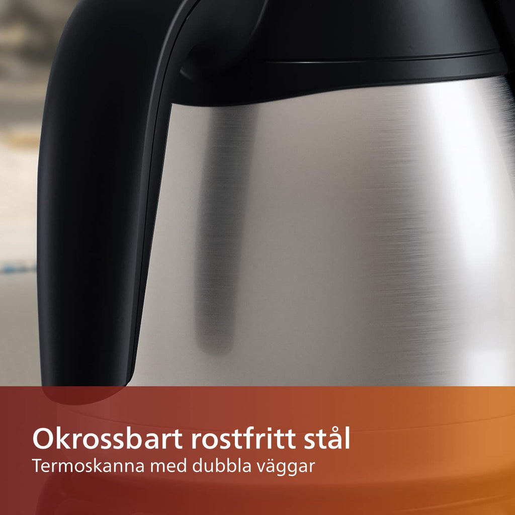 Philips Café Gaia Kaffebryggare - Termoskanna i rostfritt stål, Håller värmen i 2 timmar, Automatisk avstängning, Droppstopp, Smart lås, 1,3 l kapacitet, Vattennivåmätare (HD7546/20)