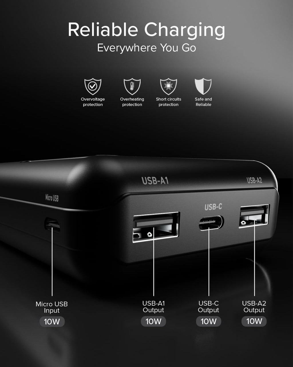 SBS Solar PowerBank, 10000mAh, Power Bank med Solpanel, Snabb Laddning, Intelligent Charge (IC), Status LED, USB-C, USB-A, Bärbar Reseladdare, Kompakt Design, Svart
