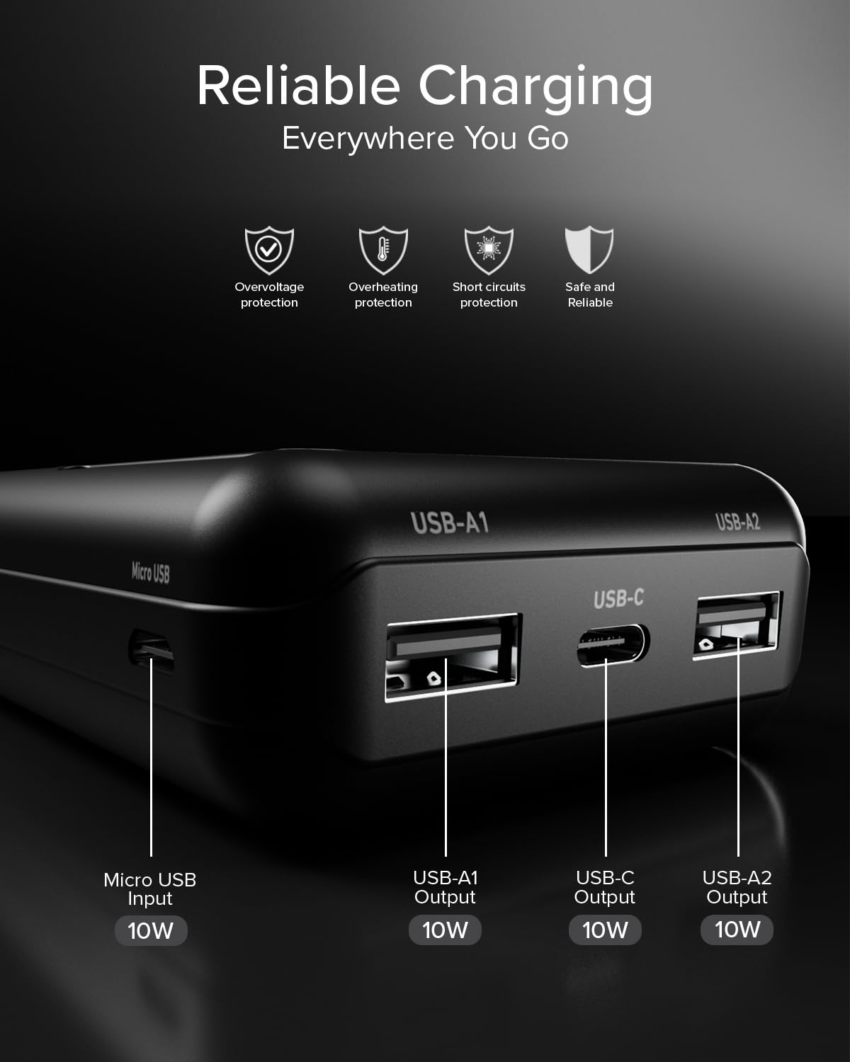 SBS Solar PowerBank, 10000mAh, Power Bank med Solpanel, Snabb Laddning, Intelligent Charge (IC), Status LED, USB-C, USB-A, Bärbar Reseladdare, Kompakt Design, Svart