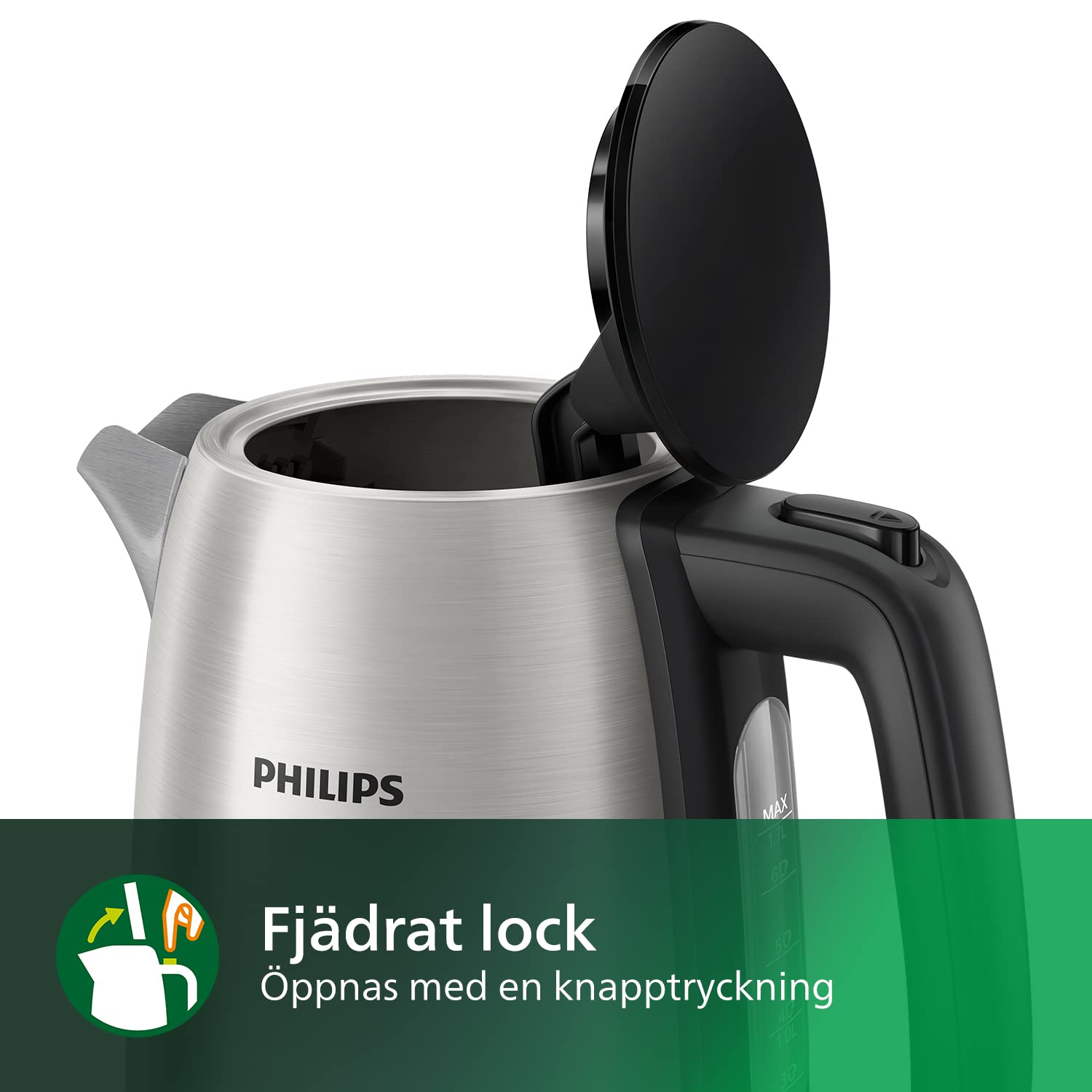 Philips Daily Collection Vattenkokare – 1,7 l, Rostfritt Stål SUS304, Fjädrat Lock, Micromesh-filter, 360° Basplatta, Automatisk Avstängning, Snabb Kokning, Indikatorlampa (HD9350/90)