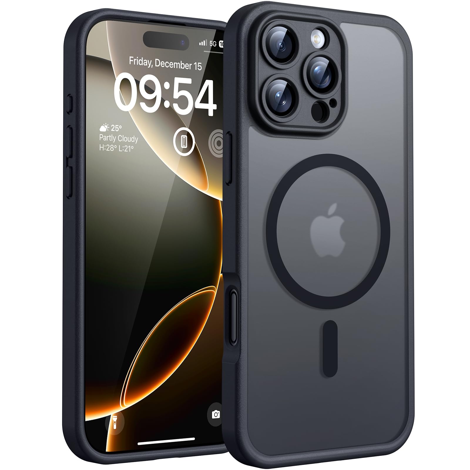 TOCOL Skal för iPhone 16 Pro, Kameraskydd, Integrerad Magnetring, Kompatibel med Magsafe, Fallskydd, Genomskinlig Matt Baksida, Svart Titan