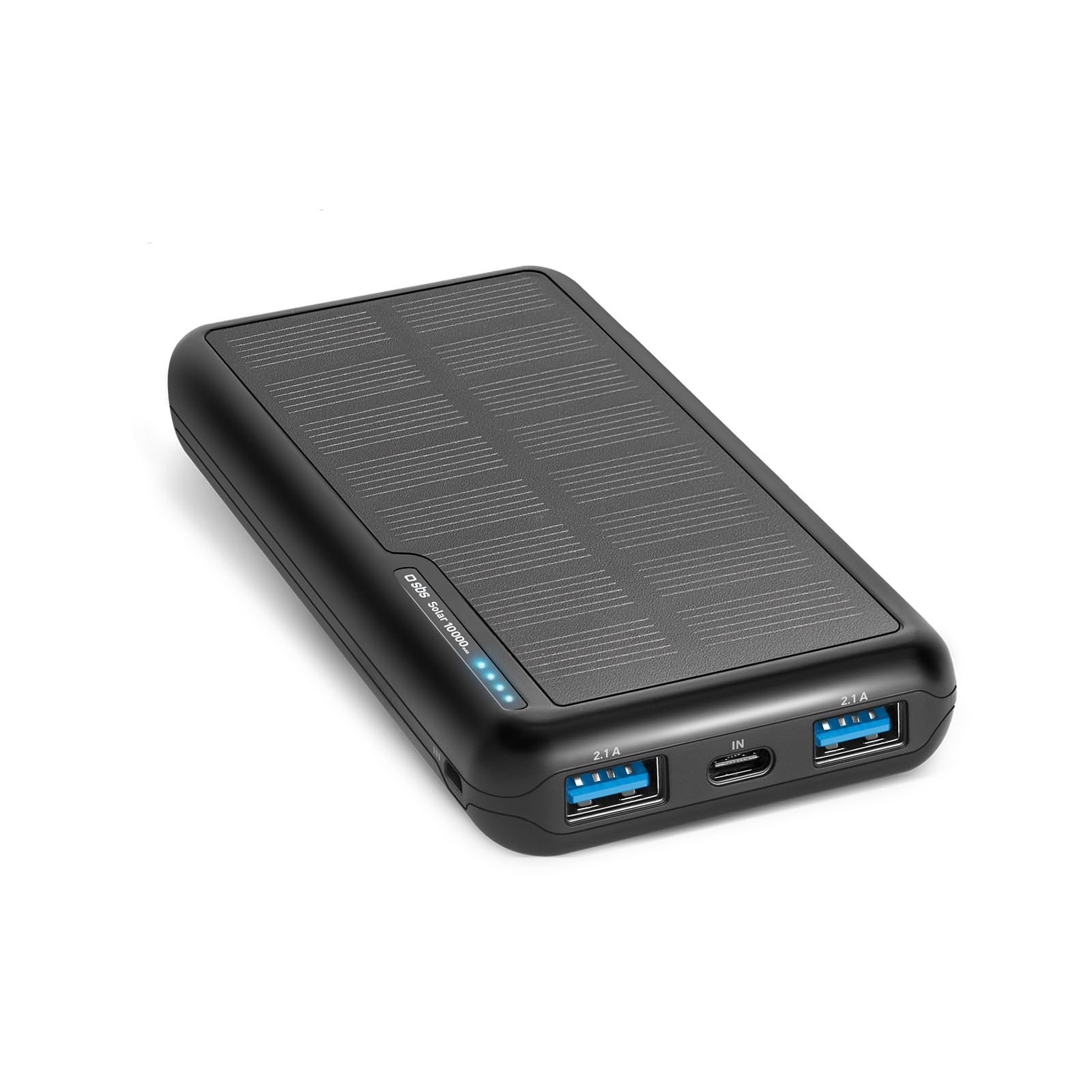 SBS Solar PowerBank, 10000mAh, Power Bank med Solpanel, Snabb Laddning, Intelligent Charge (IC), Status LED, USB-C, USB-A, Bärbar Reseladdare, Kompakt Design, Svart