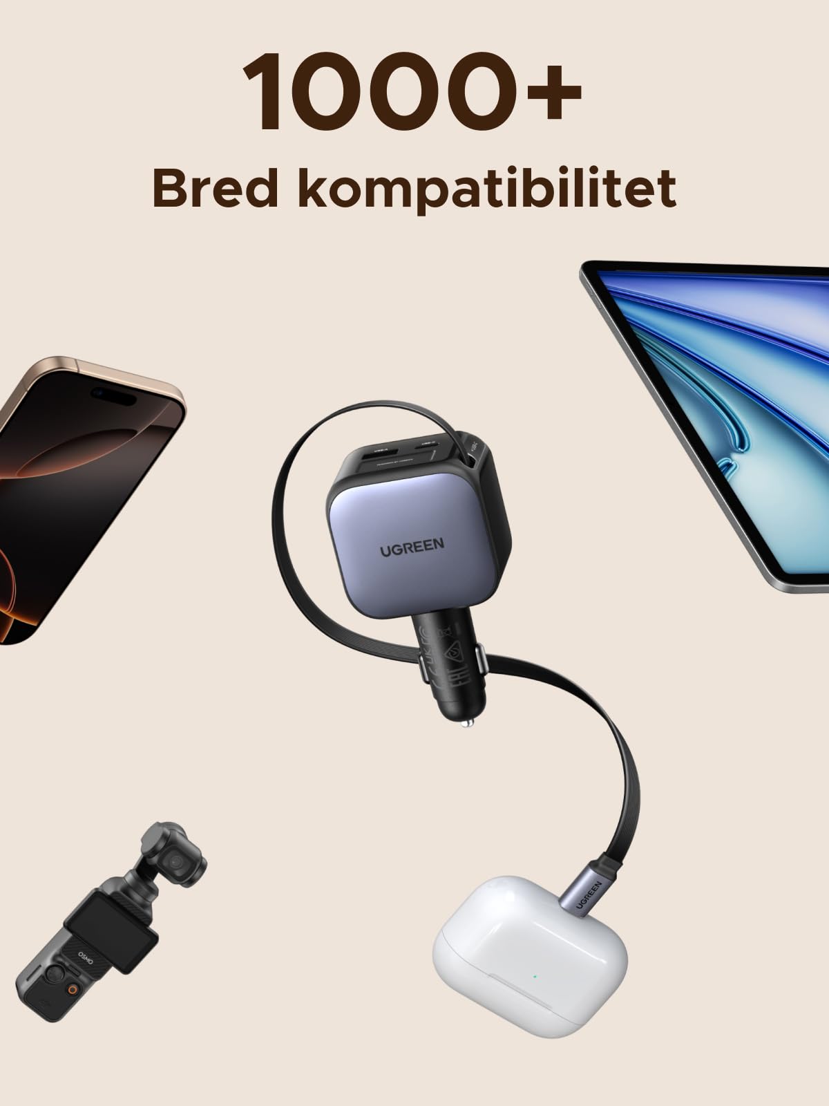 UGREEN 3-port cigarettändare 60W infällbar billaddare 30W integrerad USB C-kabel biltillbehör bil 12V adapter för iPhone 17/16/15, Galaxy S25/24, GPS etc.