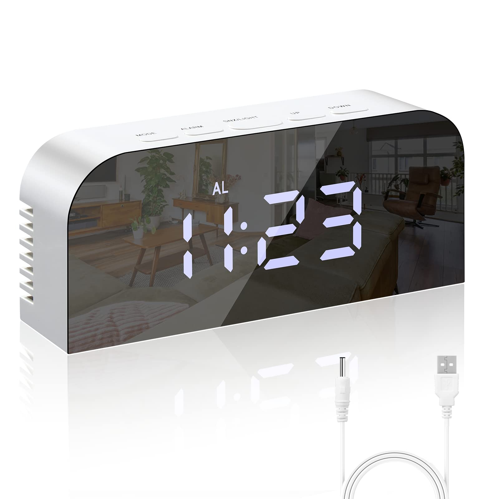 Vinabo Spegel Digital Morgonväckarklocka, LED, Digital Klocka, Säng, 2 Ljusnivåer, 12/24 Timmar, med 2 USB-Laddningsportar, Modern Heminredning Eller Sovrum (Vit)