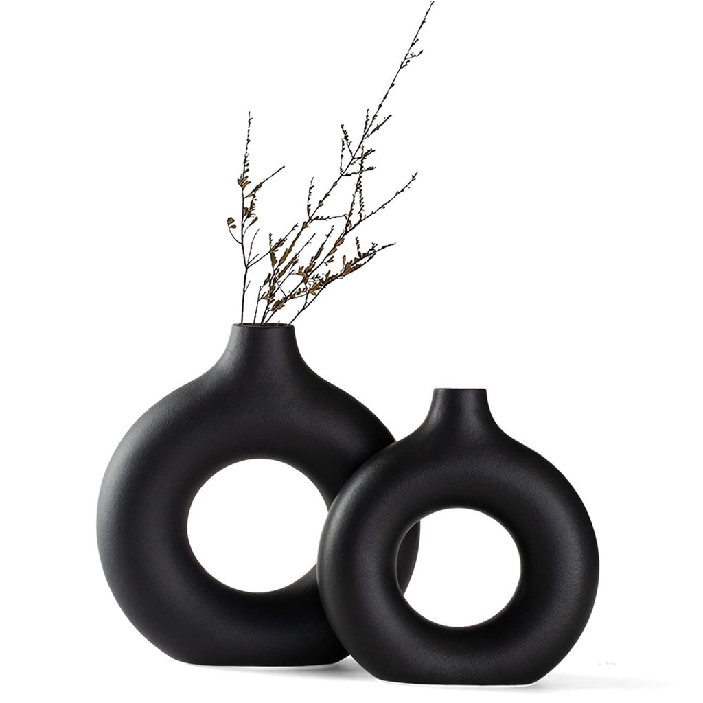 Set med 2 svarta donut keramiska vaser för modern heminredning, rund matt pampasgräs, Neutri bohemisk nordisk minimalism stil (stor och liten)