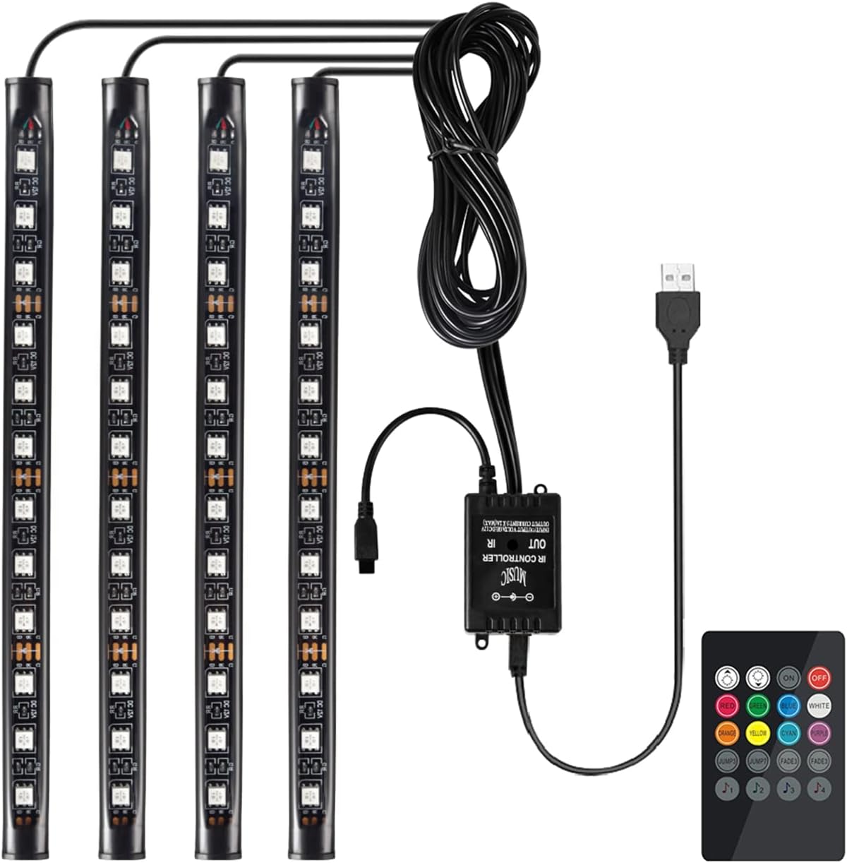 Favoto 4x12 interiörbelysning LED-atmosfär lätt bilinteriörbelysning ledde interiör med USB-port och IR-fjärrkontroll