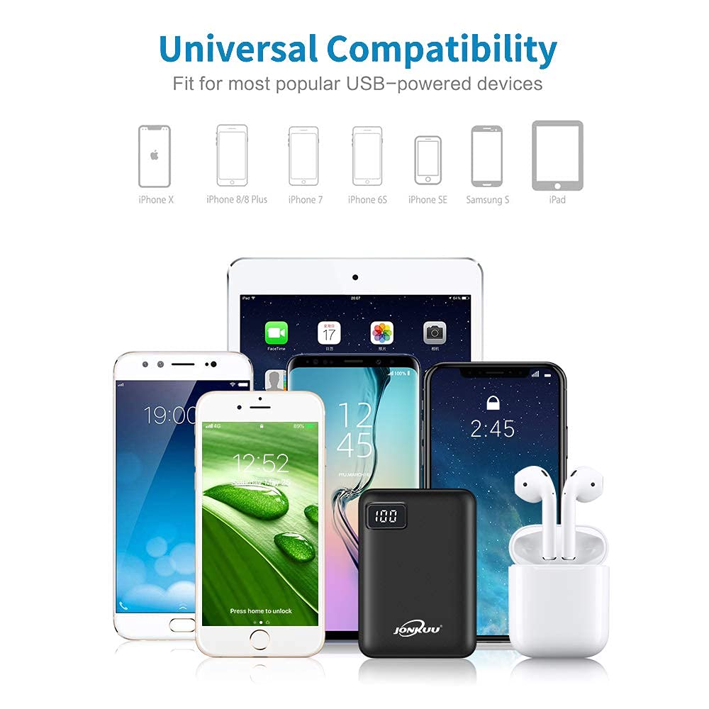Liten bärbar telefonladdare 10 000 mAh, snabbladdning, 2,4 A powerbank, externa batteripaket, dubbla portar med LCD-skärm, powerpack kompatibel med iPhone, Huawei, iPad, Samsung, Nintendo Switch och surfplattor