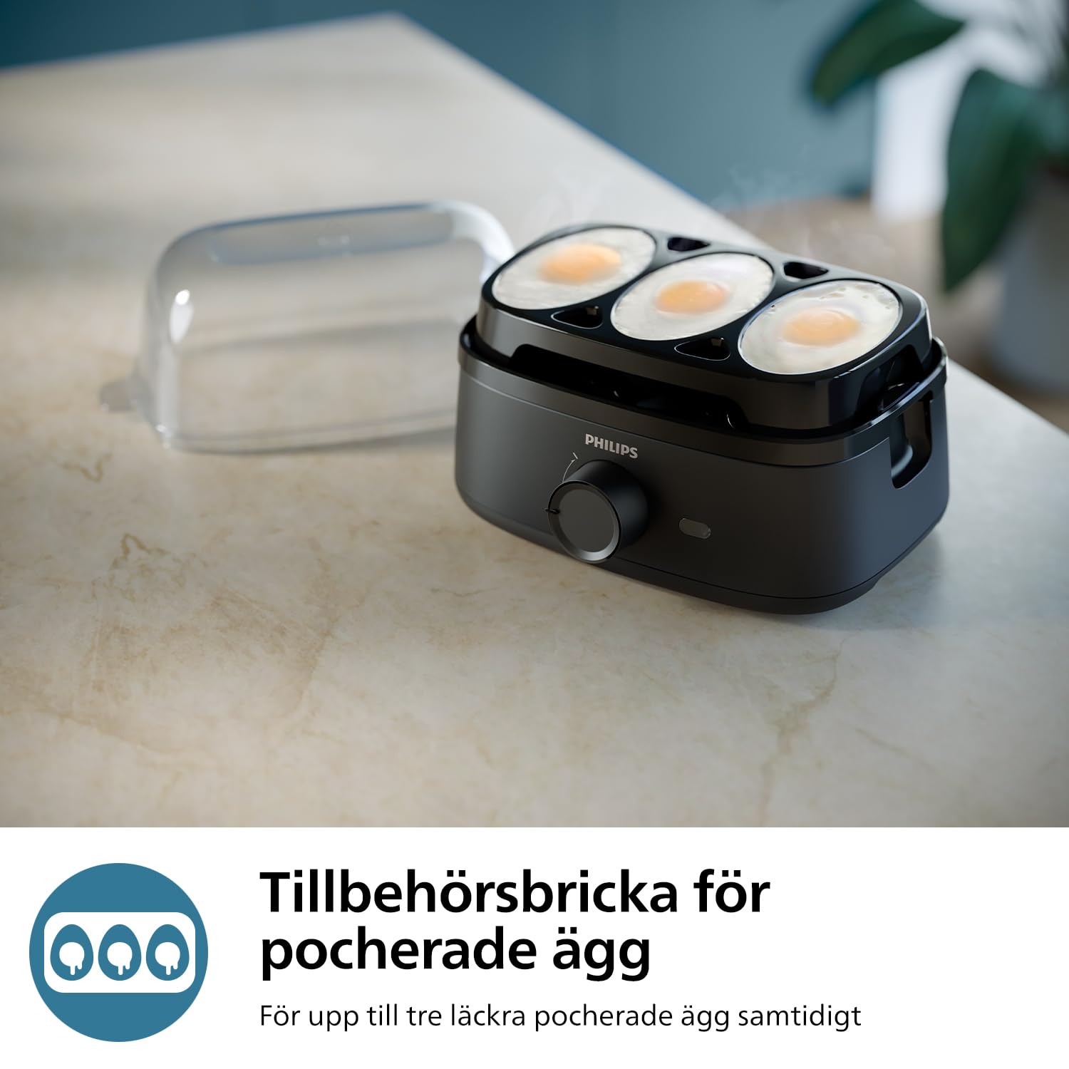 Philips Äggkokare 3000 Series, familjestorlek för upp till 6 ägg (mjuka, medium, hårda, pocherade), enkel att rengöra, bricka för pocherade ägg och äggpikare, 400 W effekt, kompakt design (HD9137/90)