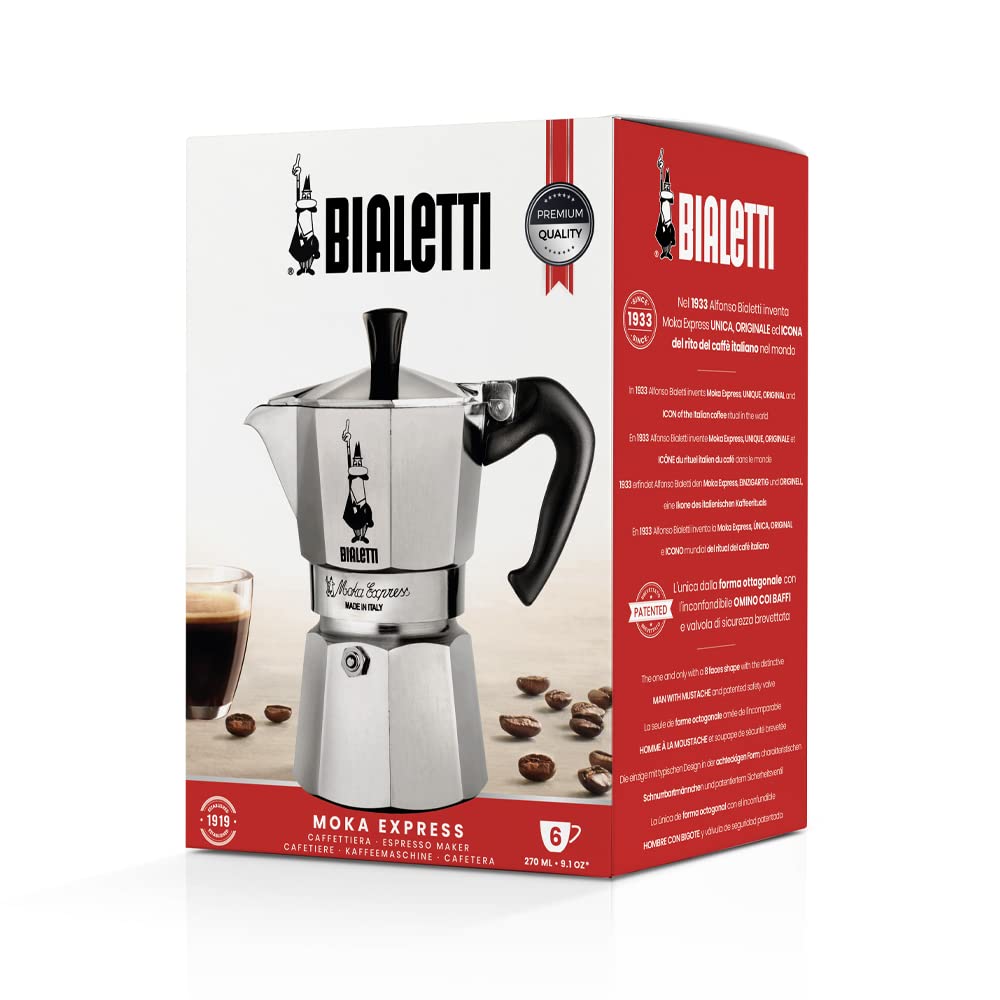 Bialetti – Moka Express: Klassisk Espressobryggare För Spishäll, Kokar Riktigt Italienskt Kaffe, Kaffebryggare Moka 6 Koppar (270 Ml), Aluminium, Silver