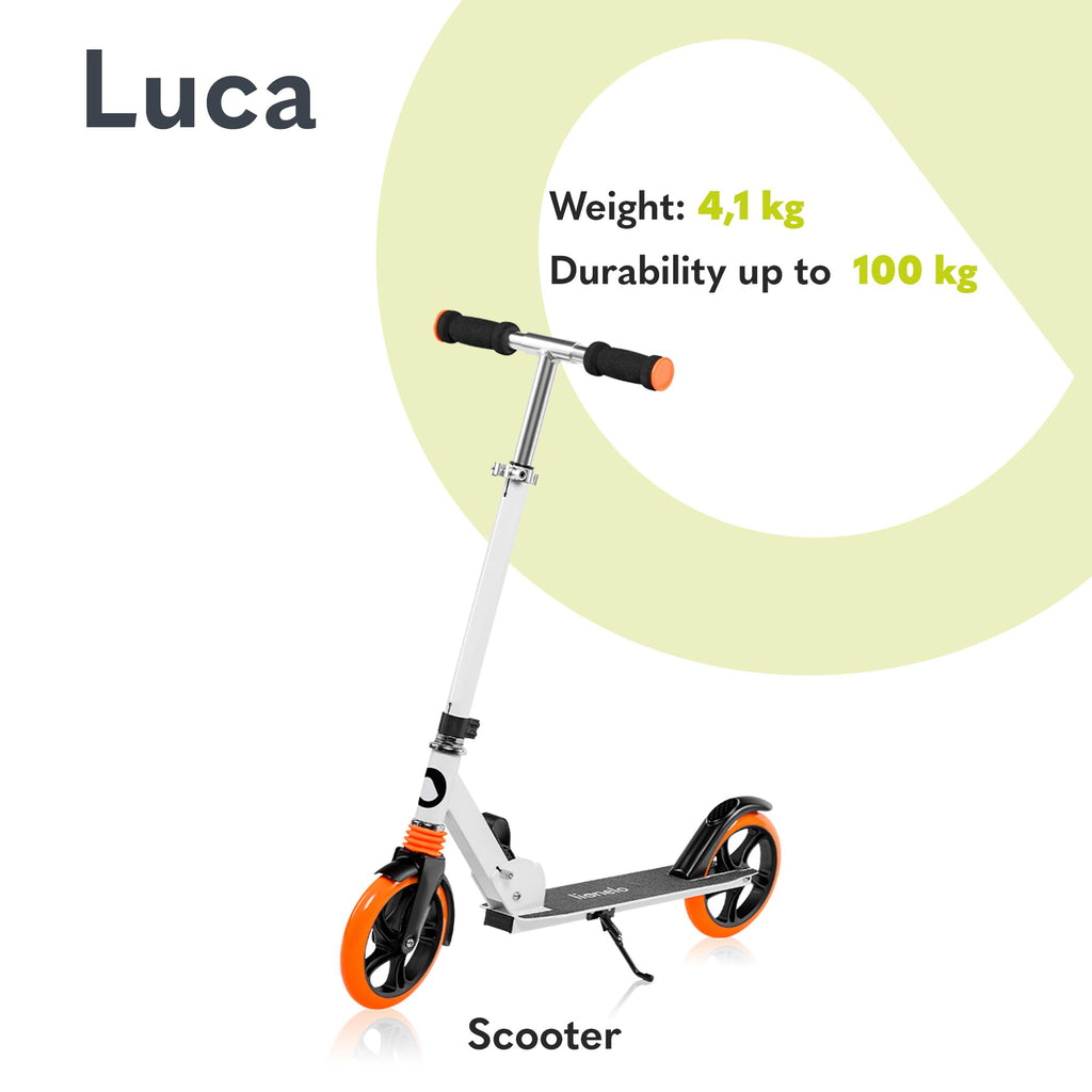 LIONELO Luca Hopfällbar Sparkcykel för Barn (5+), Ungdom & Vuxen, Lätt Aluminium 4,1 kg, Stora 200 mm PU-hjul, ABEC-7-lager, ShockResist dämpare, upp till 100 kg, Justerbart Styre, Fotbroms & Sidostöd