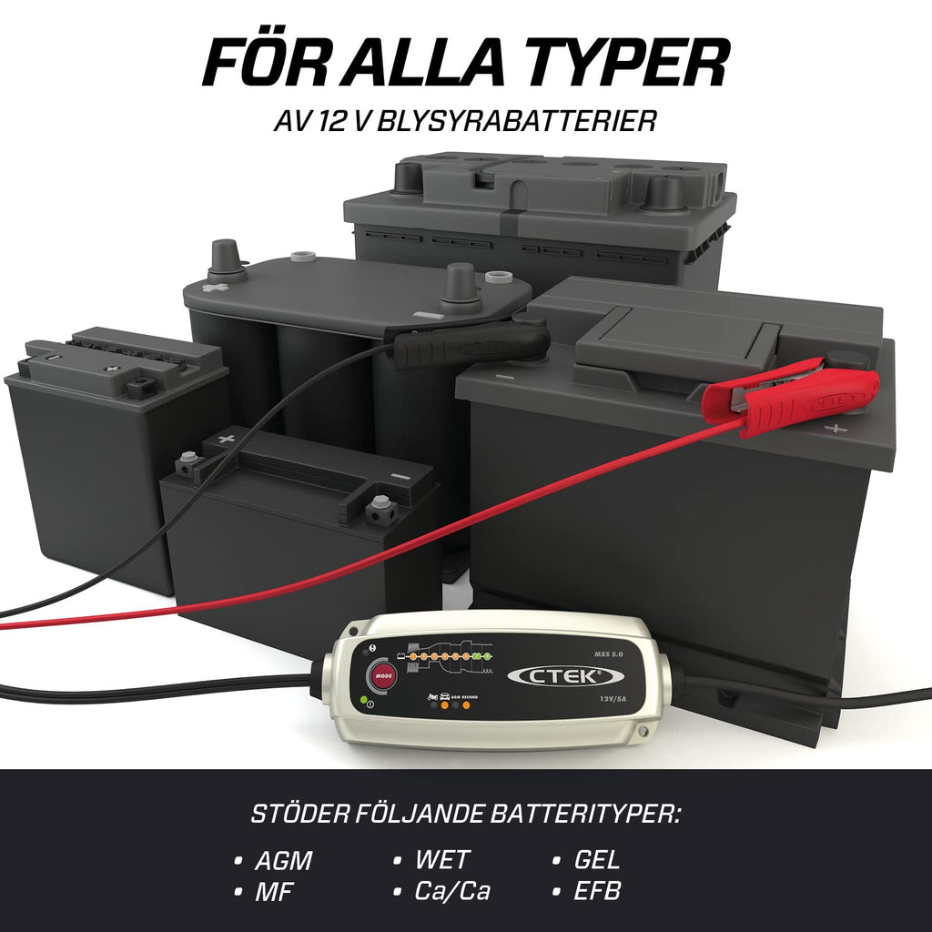 CTEK MXS 5.0, Batteriladdare 12V Med Inbyggd Temperaturkompensation, Motorcykel- Och Billaddare, Smart Batteriladdare, Batterihållare Med Rekonditioneringsläge Och Dedikerat AGM-läge