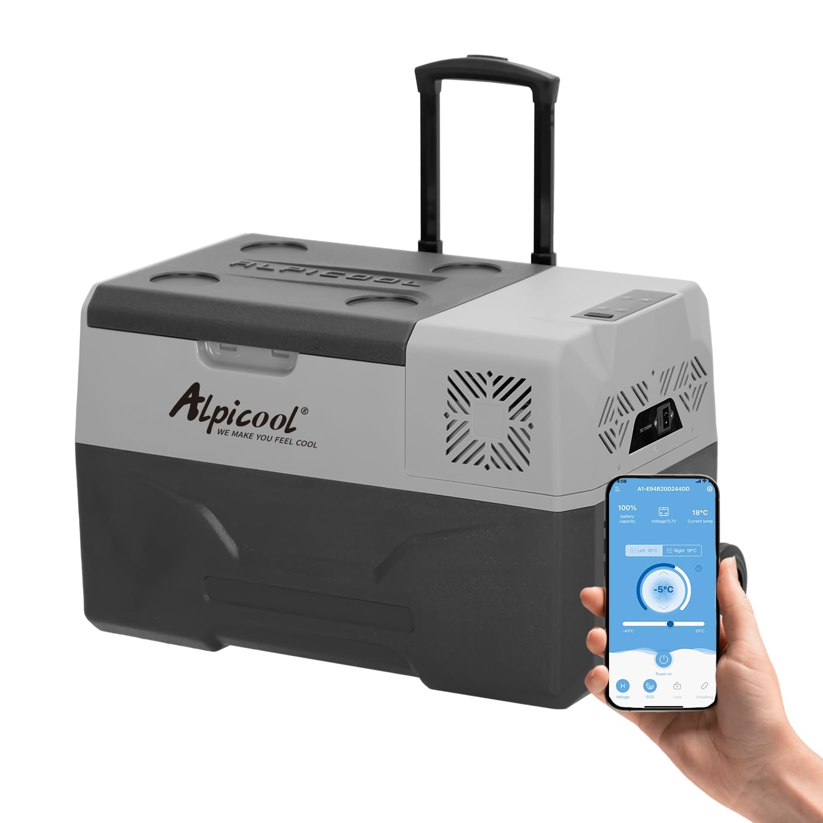 Alpicool CX30 30 l kompressor kylbox 12 V bärbar kylskåp, elektrisk frys, liten frys för bil, camping, lastbil, båt och uttag med USB-port, teleskopstång hjul