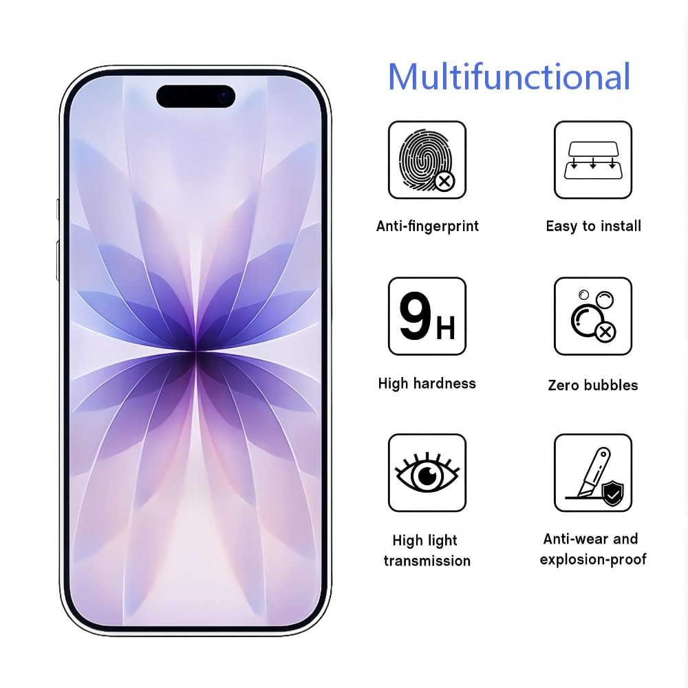 3 stycken härdat glas kompatibel med iPhone 17, iPhone 17 Pro, iPhone 16 Pro, skyddande film, 6,3 tum hårdhet 9H utan bubblor anti-repor fingeravtryck transparent hållbar klar