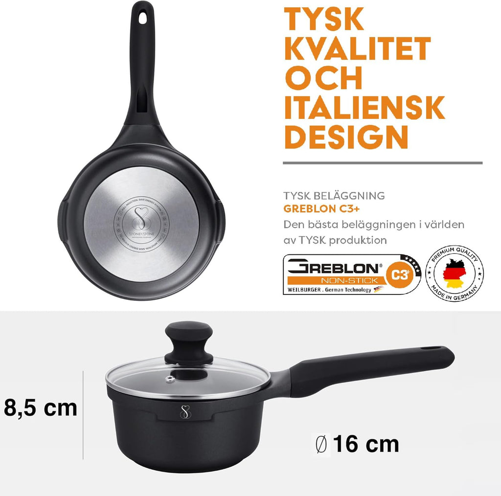 Stone&Stone Mjölkkanna 16 cm total induktion aluminium stål och sten professionell extremt nonstick utvecklad med tysk teknik sparar 50 % räkning