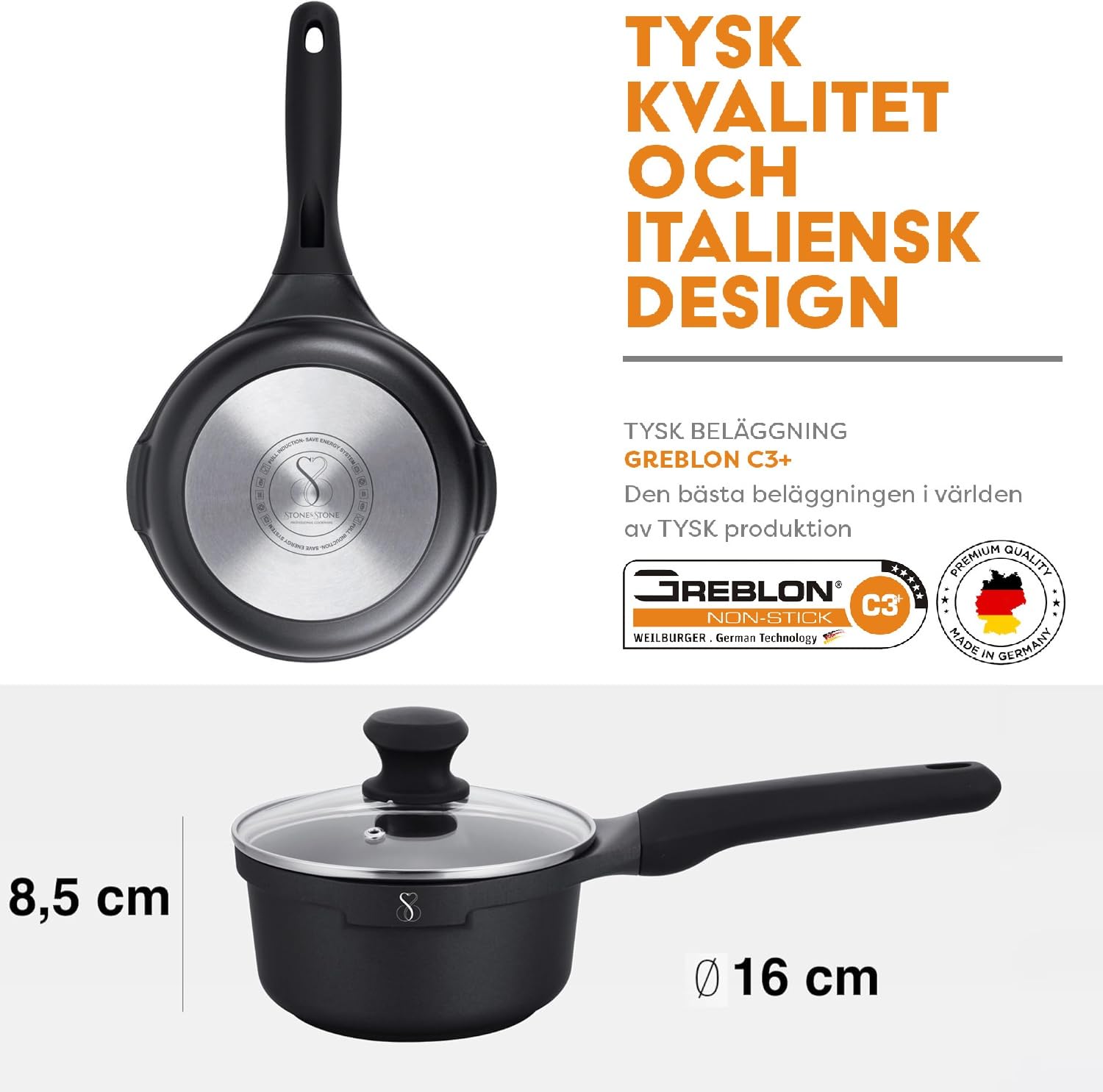Stone&Stone Mjölkkanna 16 cm total induktion aluminium stål och sten professionell extremt nonstick utvecklad med tysk teknik sparar 50 % räkning