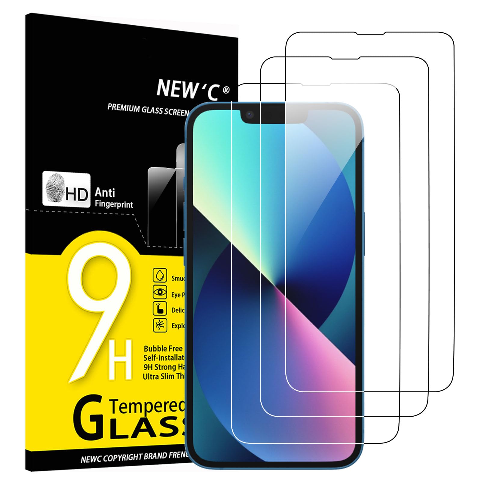 NEW'C 3 Pack, skärmskydd i glas för iPhone 14, iPhone 13, iPhone 13 Pro (6,1 tum), bubbelfri, 9H hårdhet, 0,33 mm ultratransparent, ultrabeständigt härdat glas, Enkel installationsverktyg inkluderat