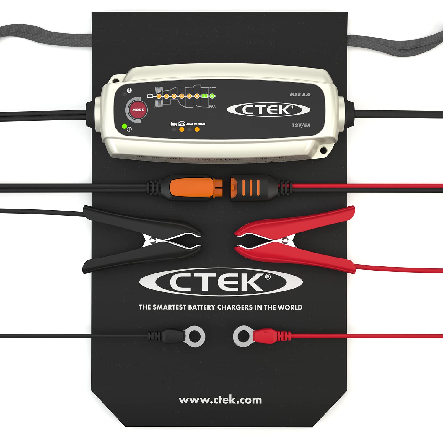 CTEK MXS 5.0, Batteriladdare 12V Med Inbyggd Temperaturkompensation, Motorcykel- Och Billaddare, Smart Batteriladdare, Batterihållare Med Rekonditioneringsläge Och Dedikerat AGM-läge