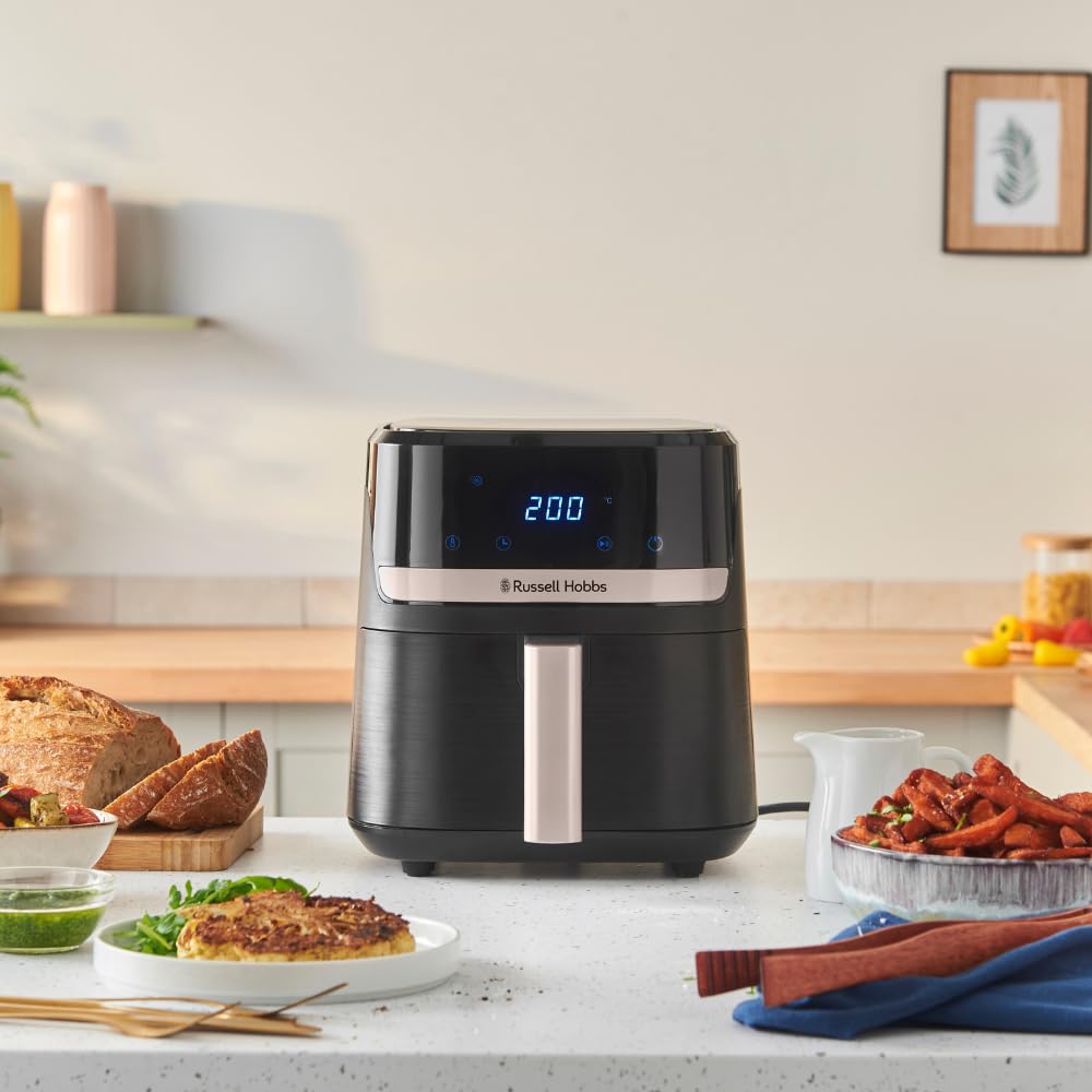 Russell Hobbs Air Fryer 4.3L Rapid Airfryer [Kompakt design, 9 program] satisfry Diskmaskinssäkra delar, max 200°C, Oljefri matlagning, Pekskärm, Varmhållning, Stek, Baka, Grill 27610-56