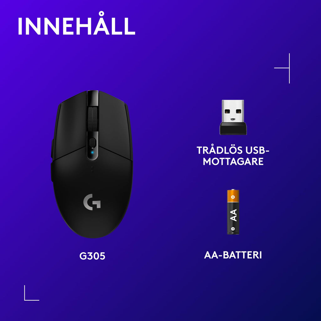 Logitech G305 LIGHTSPEED trådlös spelmus, HERO-sensor, 12 000 DPI, lätt, 6 programmerbara knappar, 250 timmars batteri, inbyggt minne, kompatibel med PC, Mac - Svart