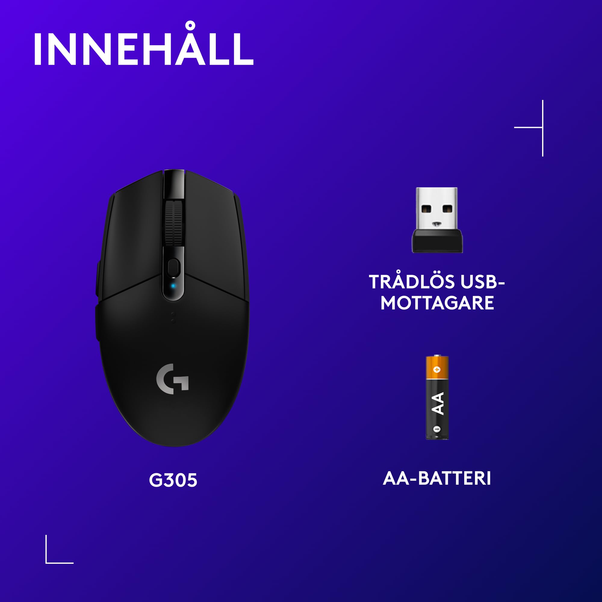 Logitech G305 LIGHTSPEED trådlös spelmus, HERO-sensor, 12 000 DPI, lätt, 6 programmerbara knappar, 250 timmars batteri, inbyggt minne, kompatibel med PC, Mac - Svart