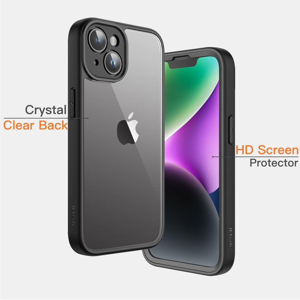 JETech Fodral för iPhone 14 6,1-Tum med Inbyggt Härdat Glas Skärmskydd, Kamera Fullständig Rundstrålande Skydd, Stötsäkert Bumper Mobilskal Genomskinlig Baksida, HD Film (Svart)