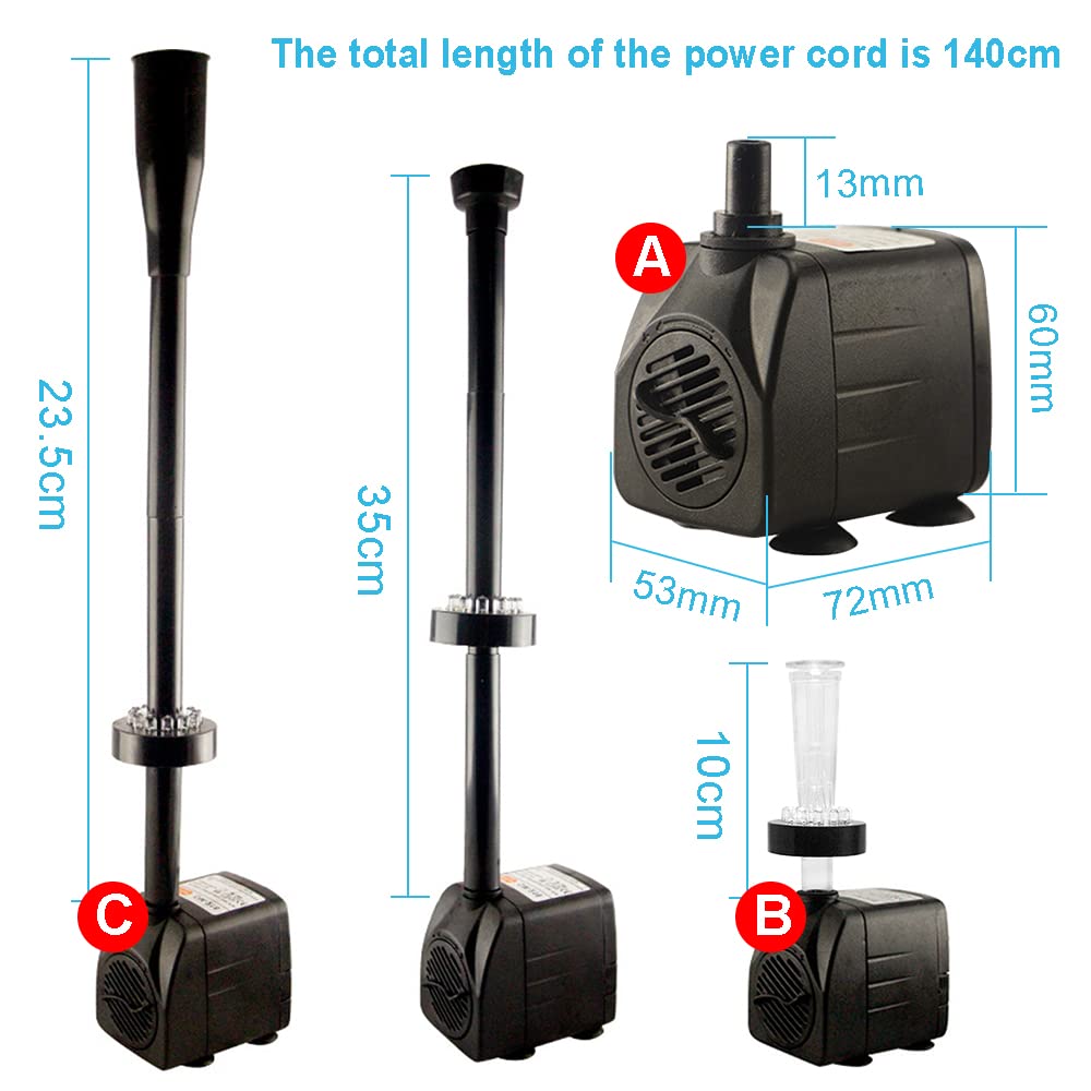Utomhuspump, dränkbar fontän pump, fiskdamm pump, tyst dränkbar akvarium, vattenpump 220 V, kraftfull utomhusdekoration trädgård med LED och munstycken 750L/H 15W