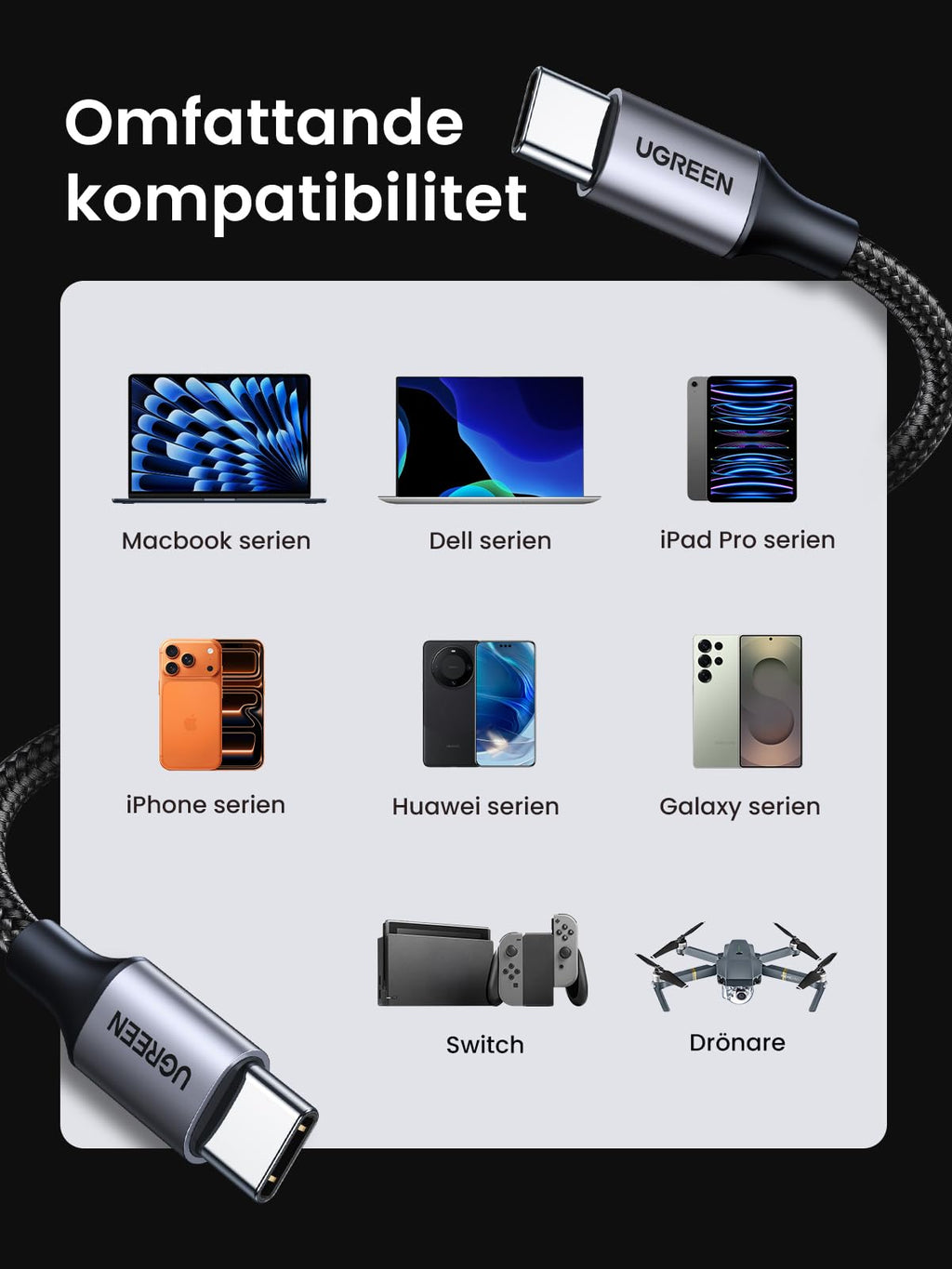 UGREEN 60 W USB C-kabel PD 3.0, PPS Ladekabel kompatibel med iPhone 15 Pro Max Galaxy S25 MacBook Air M2 iPad Pro 12.9 iPad Air 5/Mini 6, Pixel 7 Pro.(1M)
