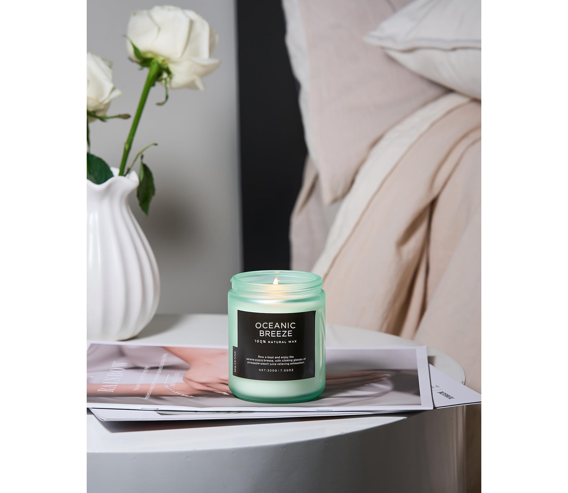 M&SENSE Ocean Breeze Organic Soy Scented Candles Gifts for Women & Men Non Toxic 200g 50H Burn Time Candles for Home Decor Small Jar Clear Burning Candle for Summer Evening Relaxation Stress Relief