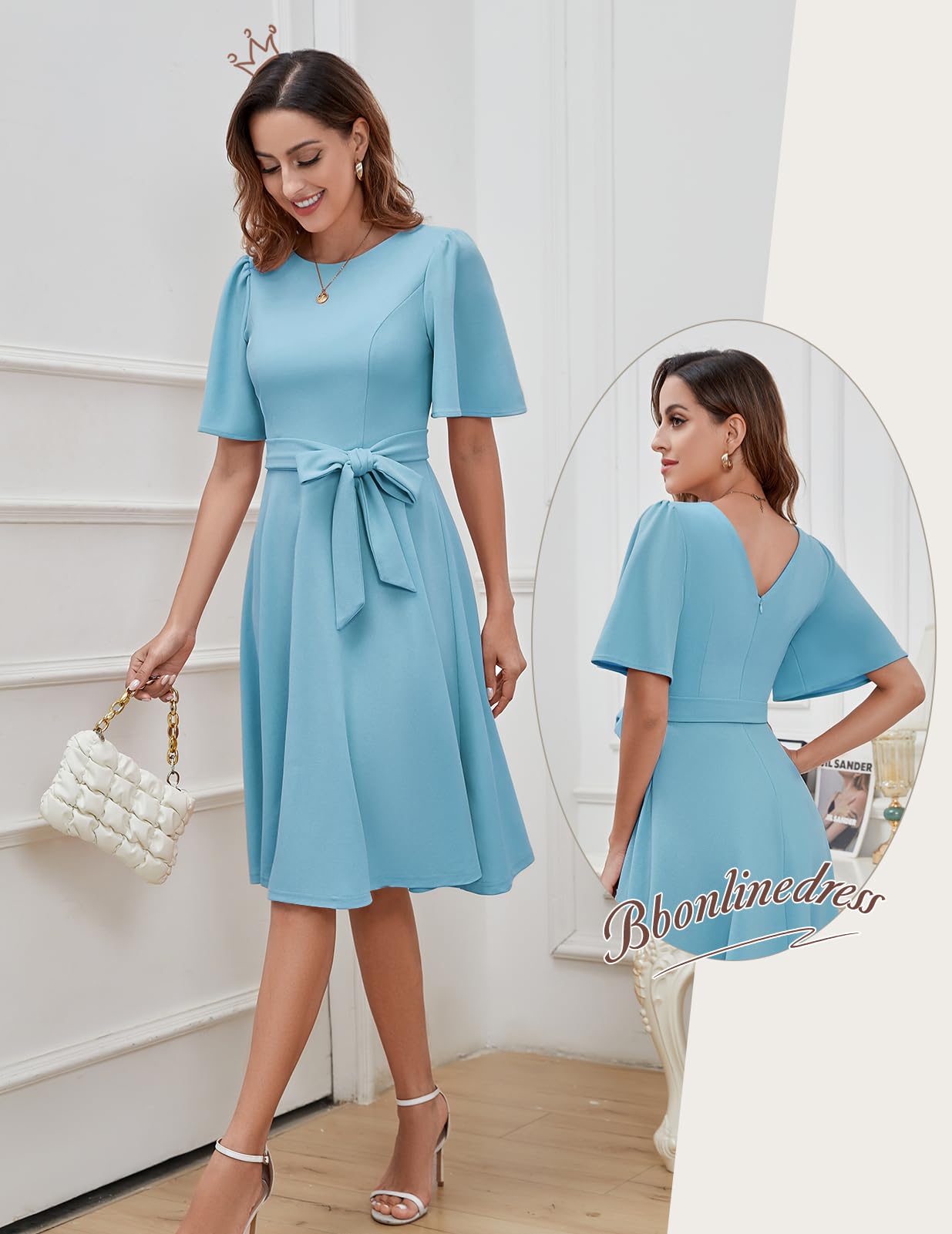 Bbonlinedress kortärmad cocktailklänning för kvinnor, vintage, formell, sedesam klänning för bröllopsgäst, kyrka
