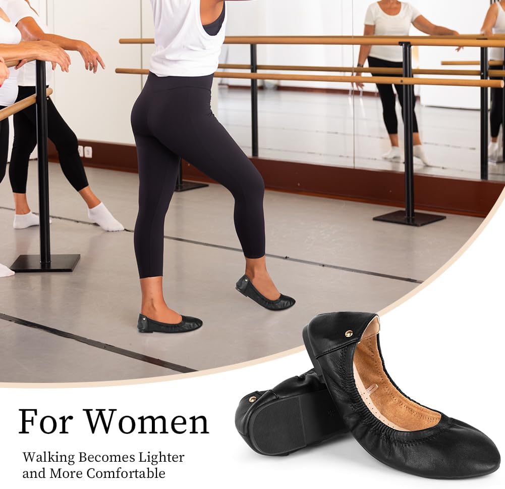OFFCUP Ballerina för kvinnor, läderballerinor, dam, svarta ballerinor, mjuk, bekväm, enkel, mångsidig, lätt, dämpande och halkfri