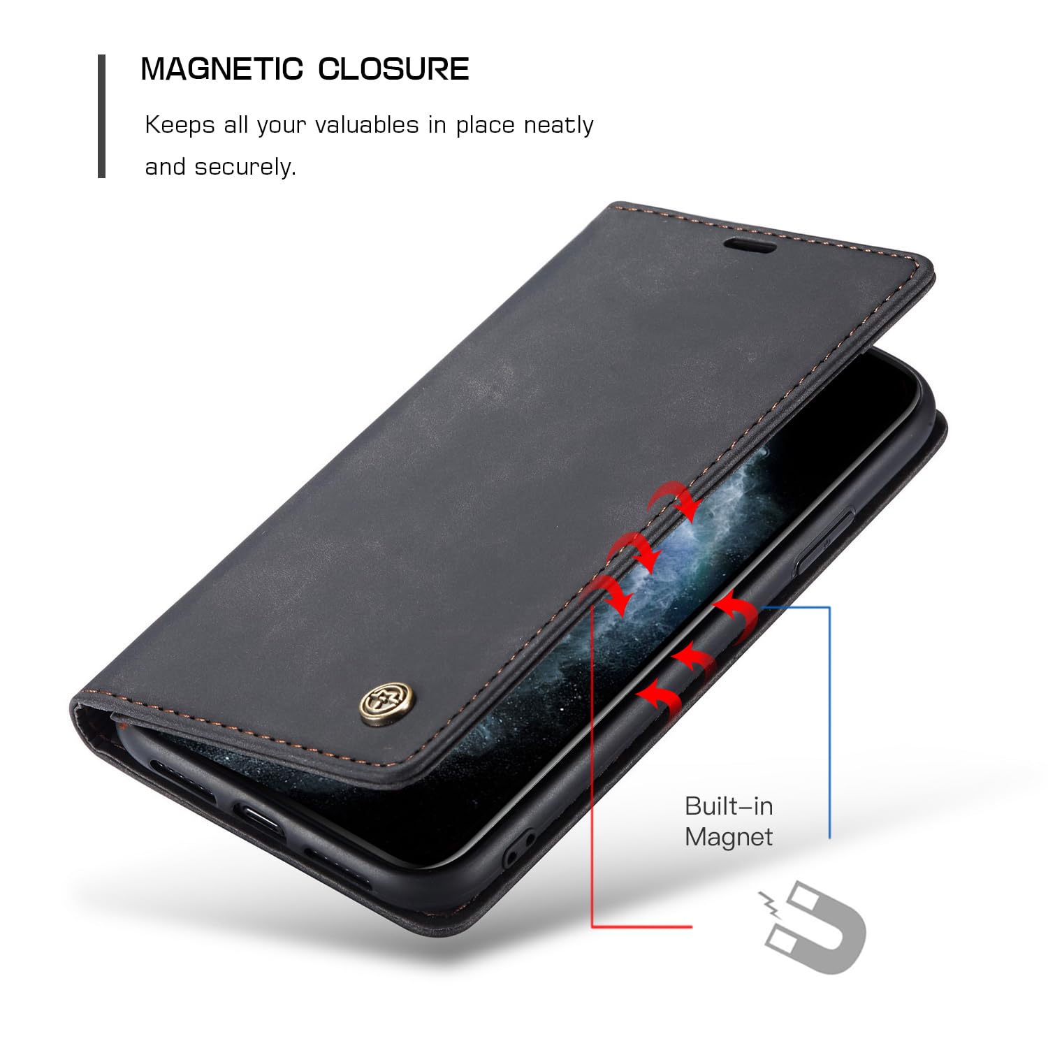 Skal för iPhone 11 Pro Max, premium PU-läder flip Läder Vikbart Skyddande Fodral Plånbok [Hölster med klaff, Magnetisk, kortfack] Wallet Leather Case Cover för iPhone 11 Pro Max, Svart