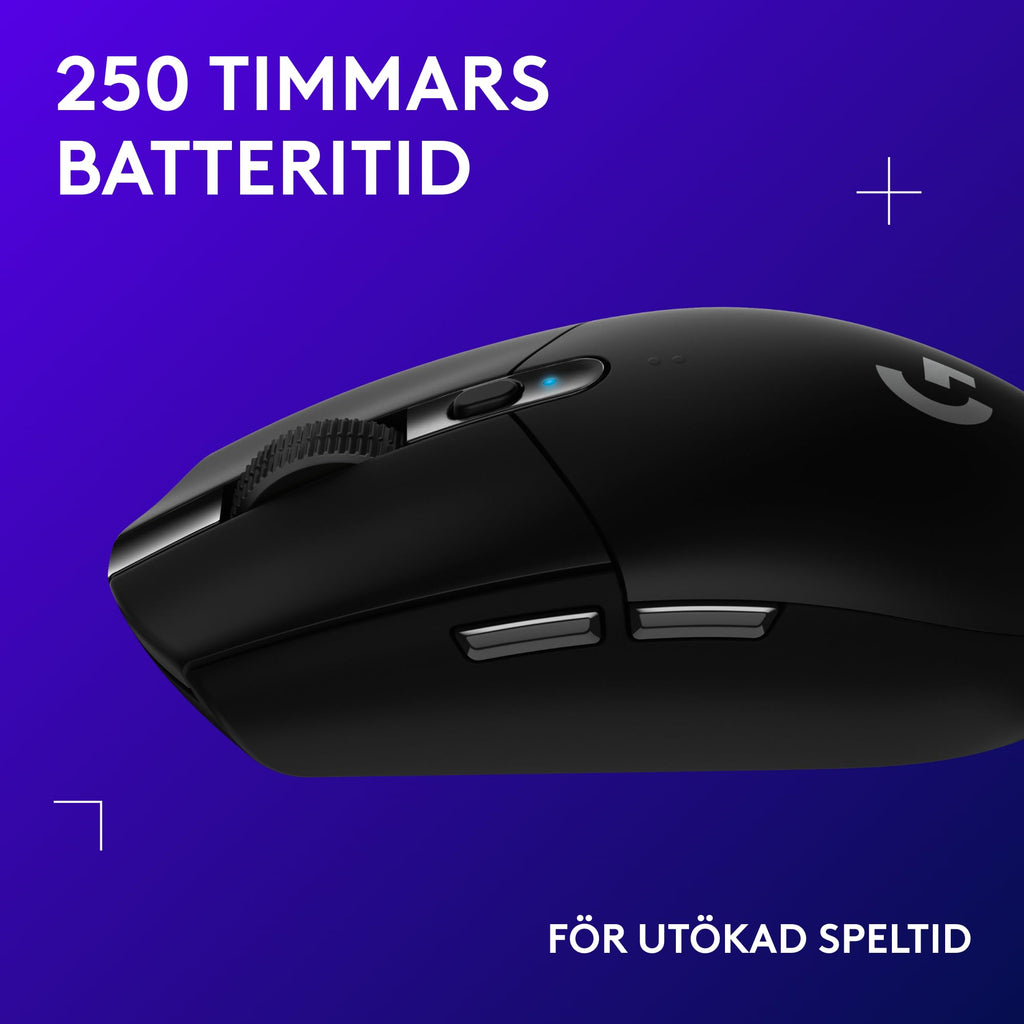 Logitech G305 LIGHTSPEED trådlös spelmus, HERO-sensor, 12 000 DPI, lätt, 6 programmerbara knappar, 250 timmars batteri, inbyggt minne, kompatibel med PC, Mac - Svart