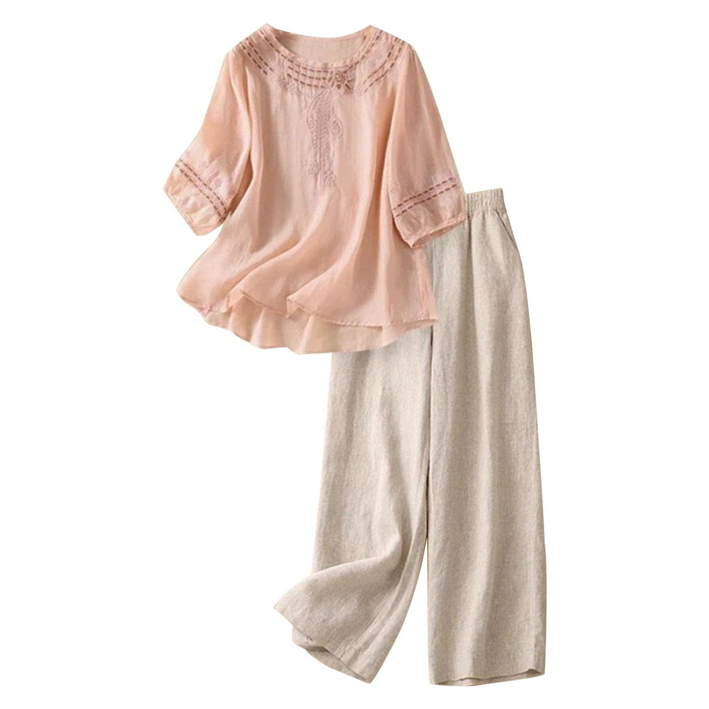 Co Ord Set för kvinnor sommar rund hals 3/4 ärm toppar och hög elastisk midja breda ben byxor linnebyxor passar två delar bomull linne set strandkläder sommar hemkläder set