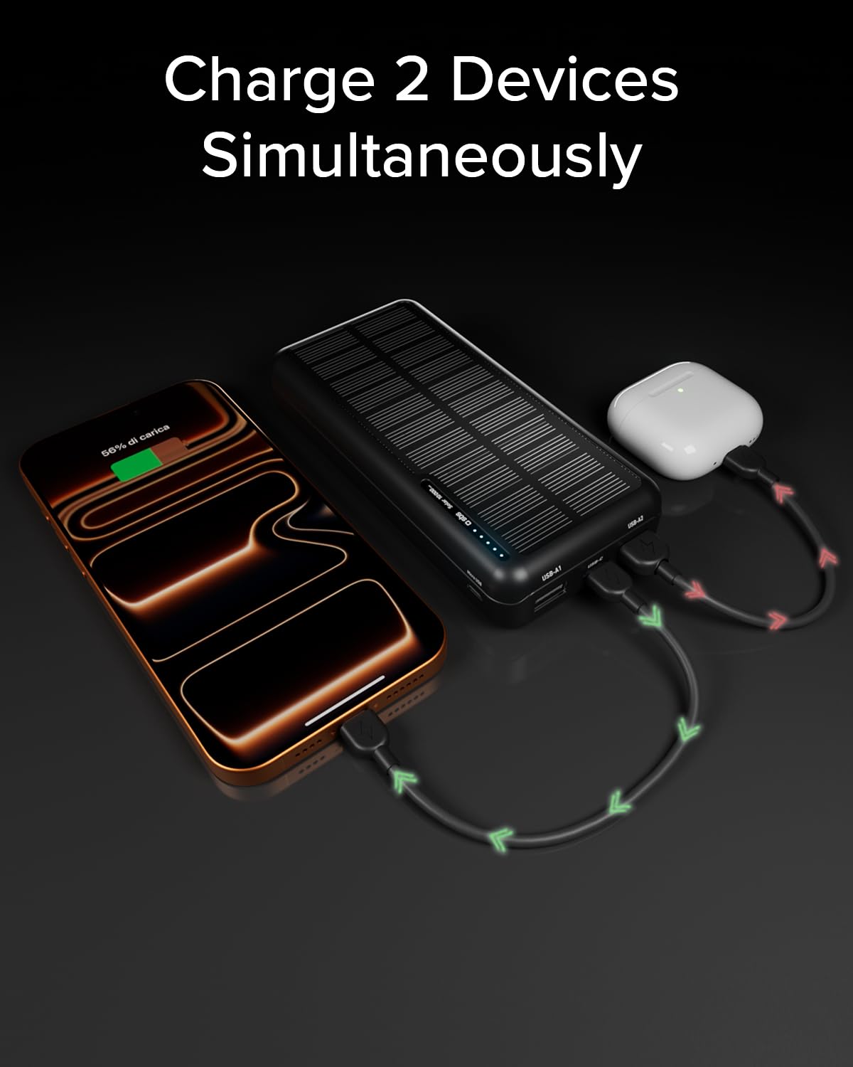 SBS Solar PowerBank, 10000mAh, Power Bank med Solpanel, Snabb Laddning, Intelligent Charge (IC), Status LED, USB-C, USB-A, Bärbar Reseladdare, Kompakt Design, Svart